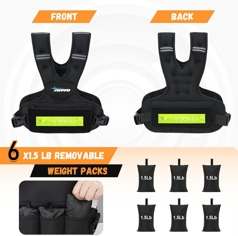 JWPFD Adjustable Weighted Vest for Women Men, 6-15 Lbs/12-18 Lbs Rucking Vest with LED Light Strips, Weight Vest with 6 Ironsand Weights, and Zipper Pocket for Strength Training, Walking, Running - Image 2